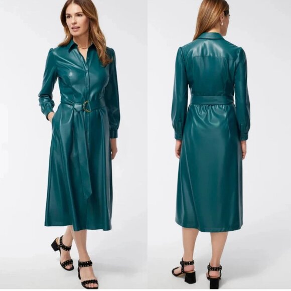 NWT CHICO'S Faux Leather Shirt Midi Dress in Deep Woods Green Size 2.5 (US 14) - Picture 1 of 10